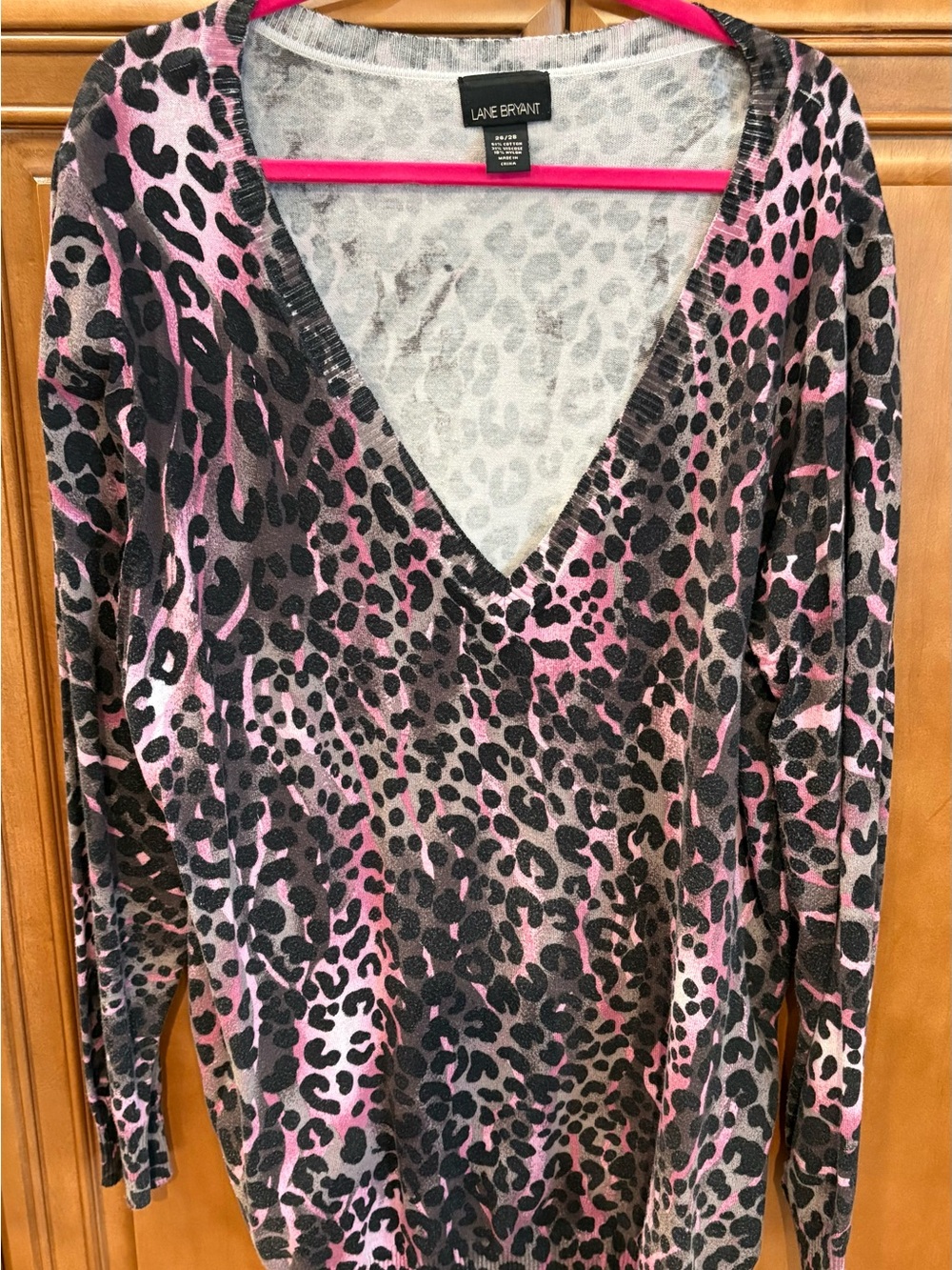 Lane Bryant Pink and Gray and Black Leopard Print V-Neck Sweater